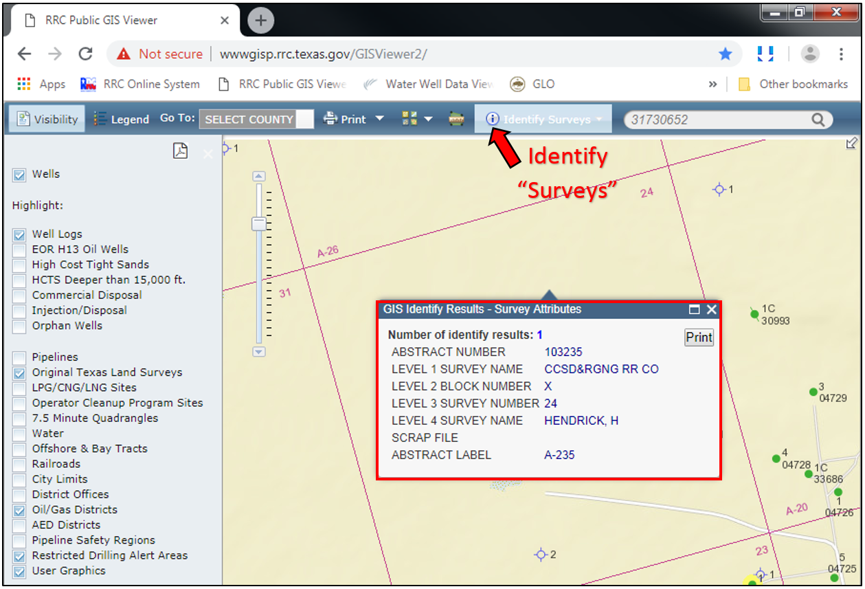 Information for a survey, such as the survey name and survey, block, and abstract number